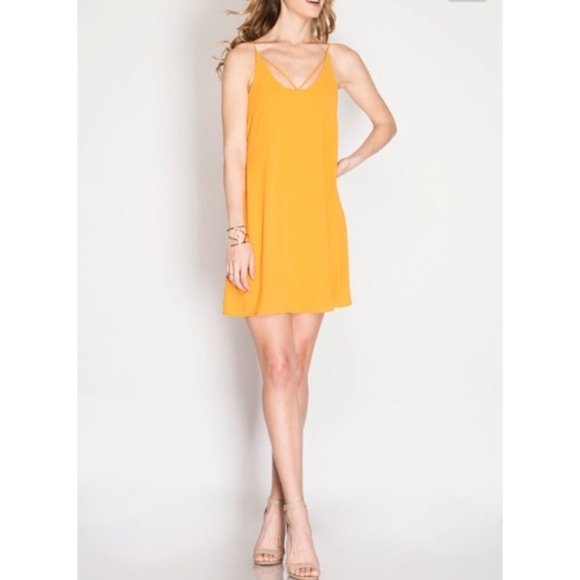 Amor Adore Dresses & Skirts - Cut out neckline yellow slip cami swing dress